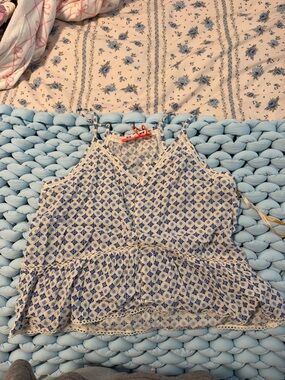 Superdry Blue and White Patterned Spaghetti-Strap Peplum Camisole